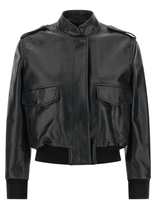 Jacket by Tom Ford for women in lamb leather black & natural features an utilitarian silhouette with a refined , showcasing sophisticated pockets for an utilitarian aesthetic.