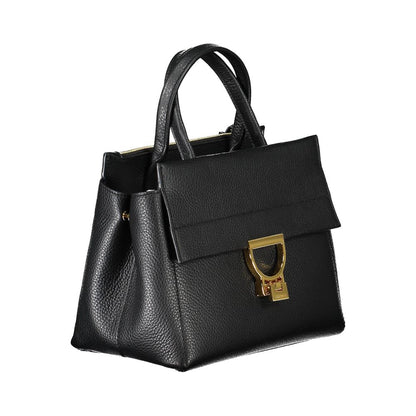 Handbag by Coccinelle for women in leather black features a ornamental silhouette, showcasing a secure snap, zipper & turn-lock, ample internal-pockets, and ornamental shoulder-strap, detachable-strap & handle for a sophisticated look.