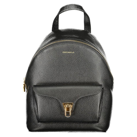 Backpack by Coccinelle for women in leather black & signature showcases an architectural Beat Generation Leather Backpack design, featuring a secure zipper, ample external-pockets & internal-pockets, and architectural shoulder-strap, backpack-strap, adjustable-strap & handle for a sophisticated look.