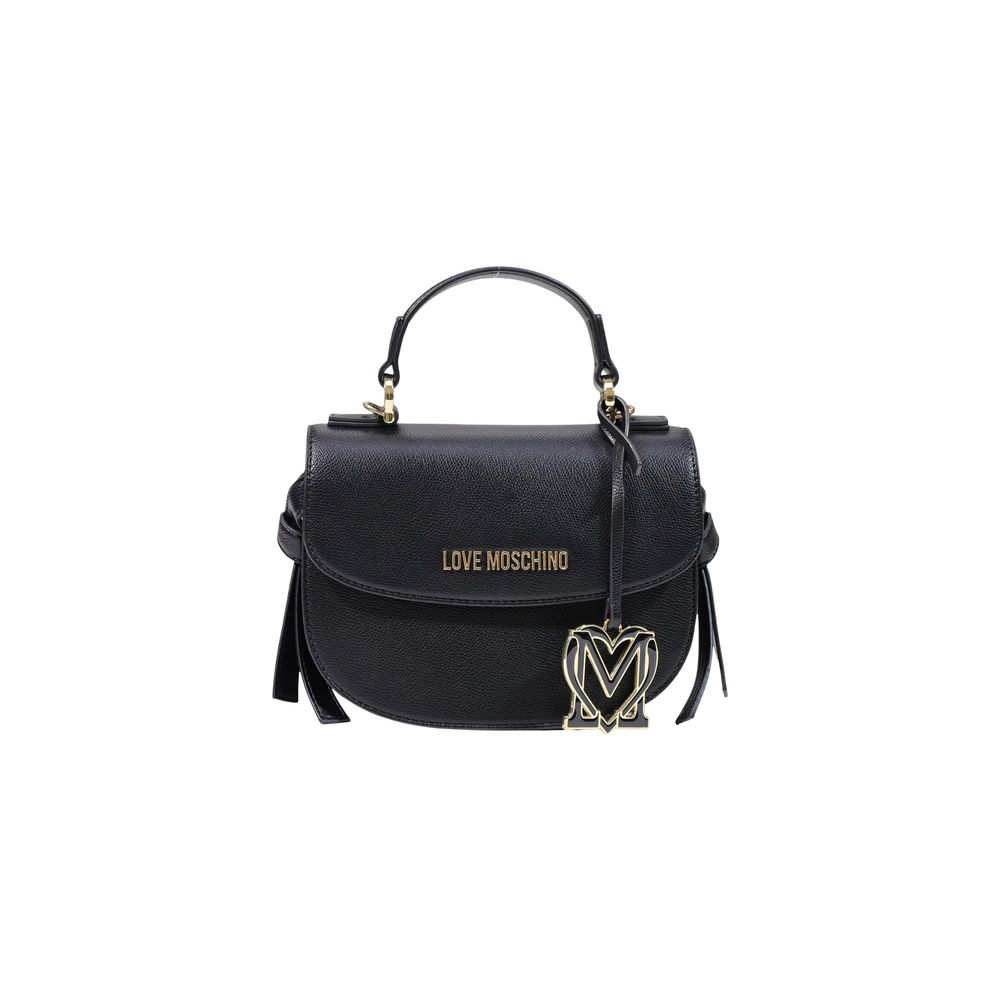 Small Evening Flap Handbag by Love Moschino for women in polyethylene & polyurethane black, gold & signature features a signature silhouette, showcasing a secure flap and signature with versatile shoulder-strap, handle & adjustable-strap for a sophisticated look.