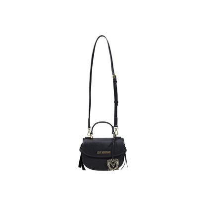 Small Evening Flap Handbag by Love Moschino for women in polyethylene & polyurethane black, gold & signature features an refined silhouette, showcasing a secure flap, ample , and versatile shoulder-strap, handle & adjustable-strap for a sophisticated refined aesthetic.