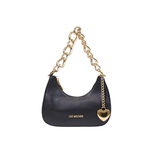 Evening Handbag by Love Moschino for women in polyester & polyurethane black & gold features a signature silhouette, showcasing a secure zipper and signature with versatile handle for a sophisticated look.