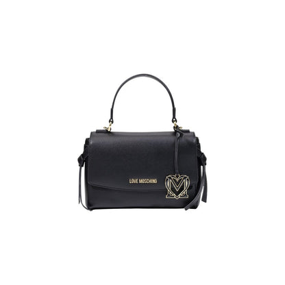 Medium Crossbody Flap Handbag by Love Moschino for women in polyethylene & polyurethane black, gold & signature features a exquisite silhouette, showcasing a secure flap and exquisite with versatile crossbody-strap, shoulder-strap, handle & adjustable-strap for a exquisite finish.