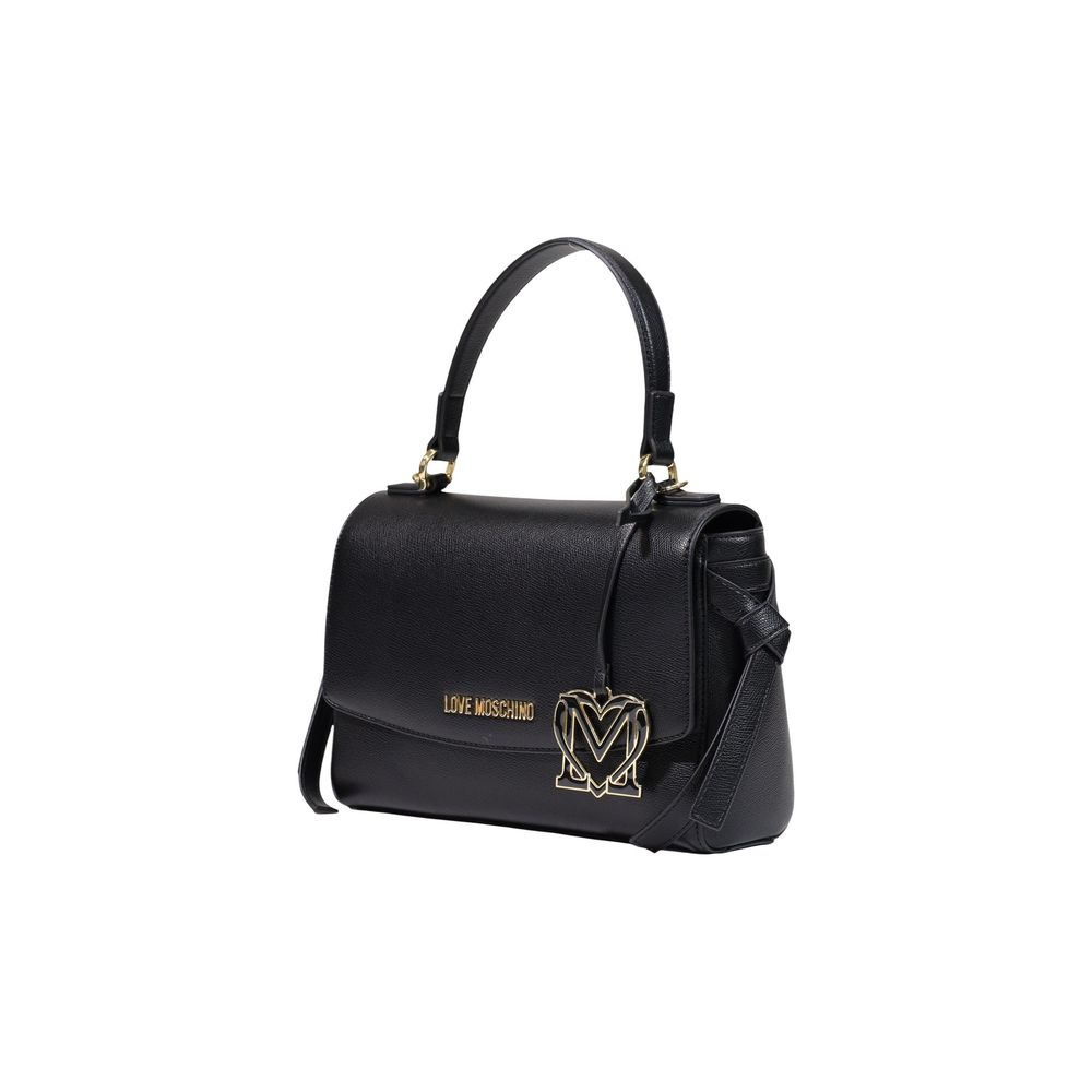 Medium Crossbody Flap Handbag by Love Moschino for women in polyethylene & polyurethane black, gold & signature features an refined silhouette, showcasing a secure flap, ample , and versatile crossbody-strap, shoulder-strap, handle & adjustable-strap for a sophisticated refined aesthetic.