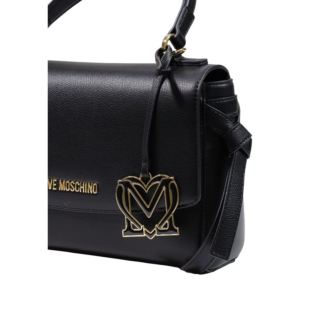 Medium Crossbody Flap Handbag by Love Moschino for women in polyethylene & polyurethane black, gold & signature features a signature silhouette, showcasing a secure flap and signature with versatile crossbody-strap, shoulder-strap, handle & adjustable-strap for a sophisticated look.