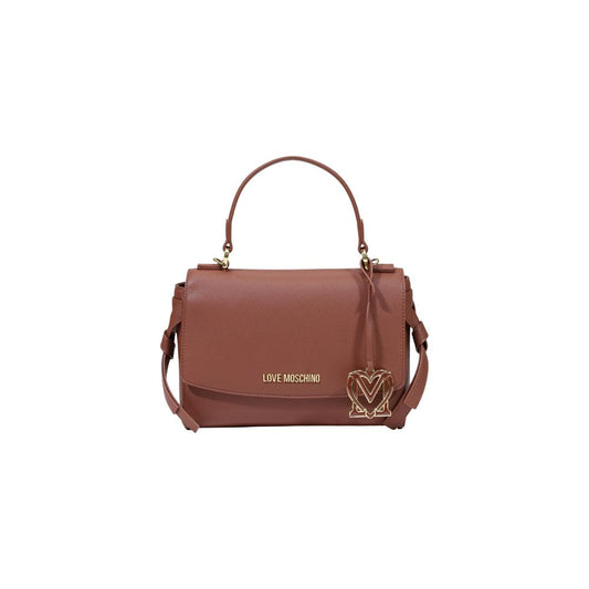Medium Crossbody Flap Handbag by Love Moschino for women in polyethylene & polyurethane brown, gold & signature features a ornamental silhouette, showcasing a secure flap, ample , and ornamental crossbody-strap, shoulder-strap, handle & adjustable-strap for a sophisticated look.