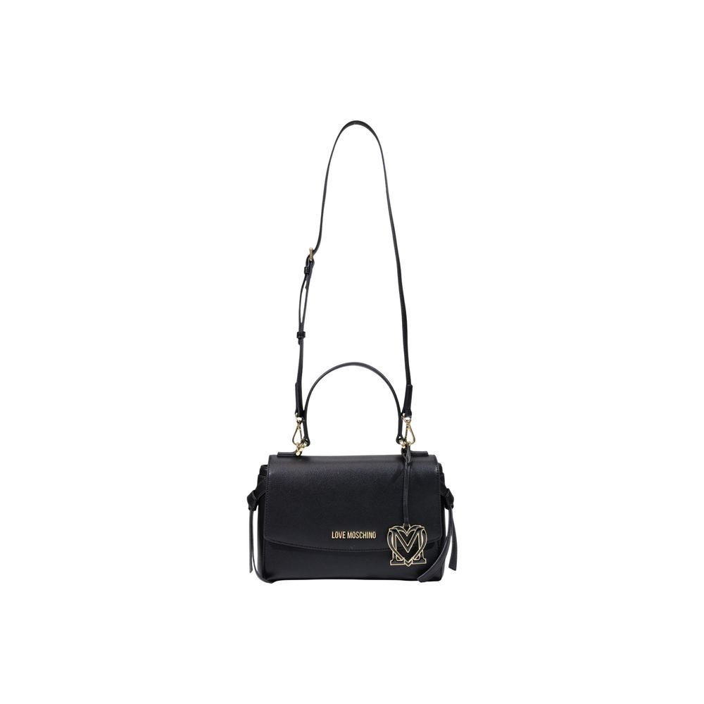 Medium Crossbody Flap Handbag by Love Moschino for women in polyethylene & polyurethane black, gold & signature features a exquisite silhouette, showcasing a secure flap and exquisite with versatile crossbody-strap, shoulder-strap, handle & adjustable-strap for a exquisite finish.