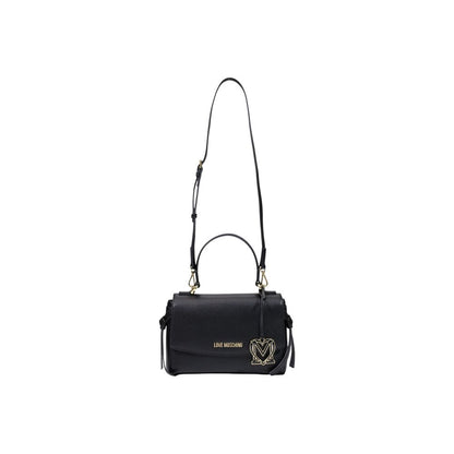 Medium Crossbody Flap Handbag by Love Moschino for women in polyethylene & polyurethane black, gold & signature features a exquisite silhouette, showcasing a secure flap and exquisite with versatile crossbody-strap, shoulder-strap, handle & adjustable-strap for a exquisite finish.