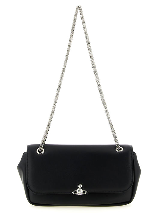 Crossbody Flap Handbag by Vivienne Westwood for women in polyester black & silver features a versatile chic silhouette, meticulously detailed with a secure flap & magnetic, ample , and versatile crossbody-strap & shoulder-strap.