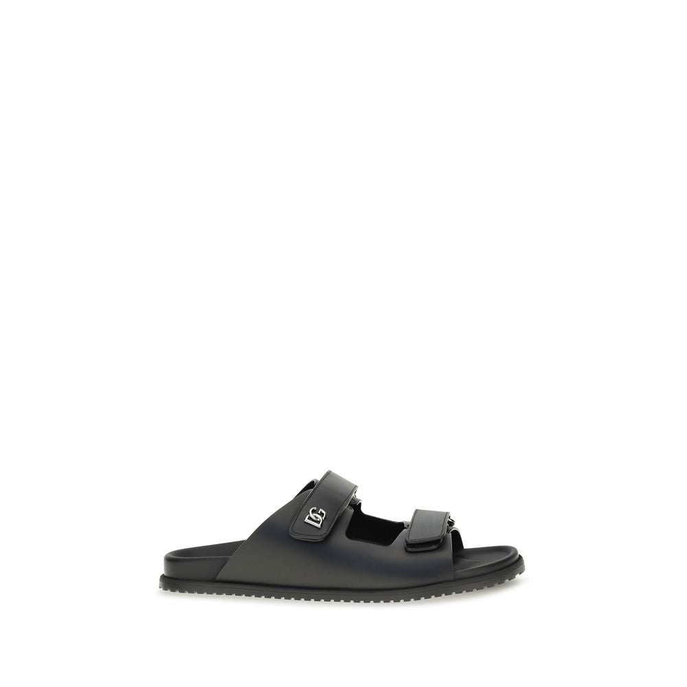 Dolce & Gabbana Black Calf Leather Bos Taurus Flat Sandals