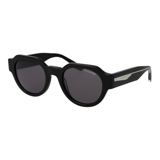 Sunglasses by Trussardi for unisex in acetate & metal black features a sumptuous silhouette, showcasing a sumptuous full-rim panto frame design in black coloured frame with high-performance non-polarized category-3-dark-tint lens.