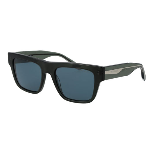 Sunglasses by Trussardi for unisex in acetate multicolor features an lustrous full-rim square frame design with green coloured frame detailing and non-polarized category-3-dark-tint lens for a lustrous aesthetic.