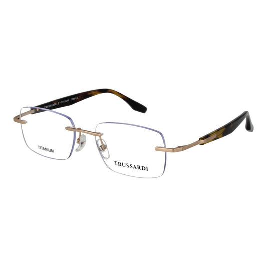 Eyeglasses Frames by Trussardi for men in stainless steel and gold showcases a refined silhouette, detailed with a gold coloured frame finish and a sophisticated rimless frame design.