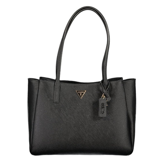 This Handbag by Guess Jeans for women in polyurethane and black presents a sculptural silhouette featuring a secure snap & zipper, ample built-in-compartments, document-holder, external-pockets & laptop-compartment, and versatile handle for a sculptural finish.