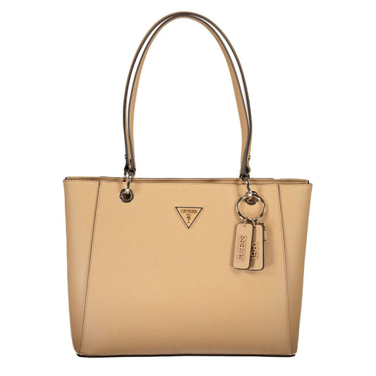 Handbag by Guess Jeans for women in polyurethane beige features an refined silhouette, showcasing a secure zipper, ample built-in-compartments, external-pockets & internal-pockets, and versatile handle for a sophisticated refined aesthetic.