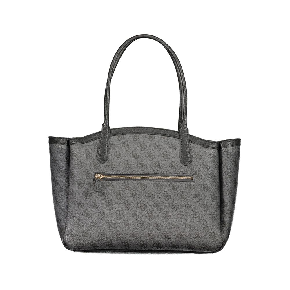 Handbag by Guess Jeans for women in polyethylene black & print features a ornamental silhouette, showcasing a secure zipper, ample document-holder, external-pockets & internal-pockets, and ornamental handle for a sophisticated look.
