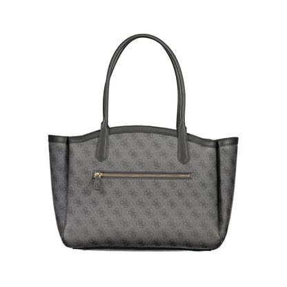 Handbag by Guess Jeans for women in polyethylene black & print features a ornamental silhouette, showcasing a secure zipper, ample document-holder, external-pockets & internal-pockets, and ornamental handle for a sophisticated look.