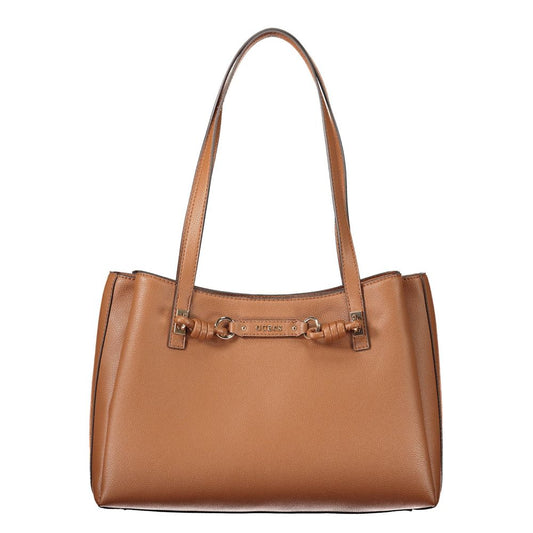 Handbag by Guess Jeans for women in polyethylene brown presents a ornamental silhouette, showcasing a secure snap & zipper, ample built-in-compartments, document-holder, external-pockets & internal-pockets, and versatile handle for a ornamental finish.
