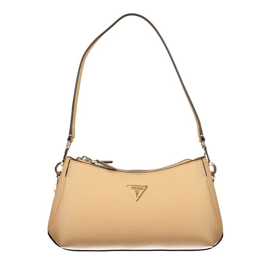 Medium Shoulder Evening Handbag by Guess Jeans for women in polyethylene beige features a signature silhouette, showcasing a secure snap & zipper and signature built-in-compartments, external-pockets, internal-pockets & cardholder with versatile shoulder-strap, adjustable-strap & handle for a sophisticated look.