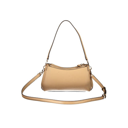 Medium Shoulder Evening Handbag by Guess Jeans for women in polyethylene beige features an refined silhouette, showcasing a secure snap & zipper, ample built-in-compartments, external-pockets, internal-pockets & cardholder, and versatile shoulder-strap, adjustable-strap & handle for a sophisticated refined aesthetic.
