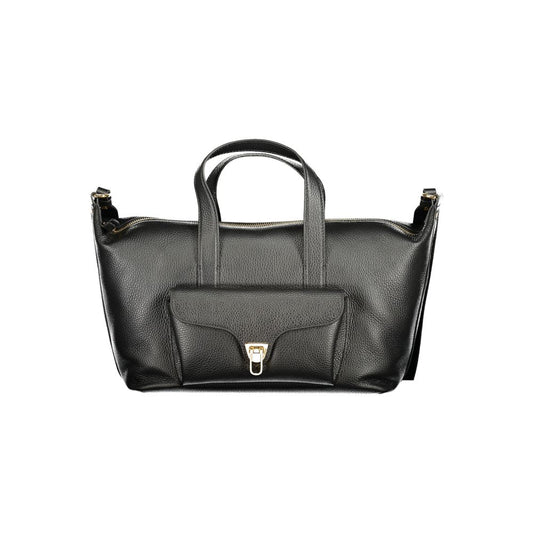 Handbag by Coccinelle for women in leather black, signature-print & print features an refined silhouette, showcasing a secure zipper, ample document-holder, external-pockets & internal-pockets, and versatile shoulder-strap, handle & adjustable-strap for a sophisticated refined aesthetic.
