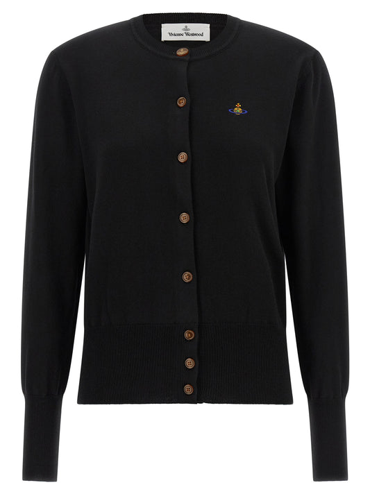 Cardigan by Vivienne Westwood for women in cashmere cotton blend amber & black features a nuanced silhouette with a refined wrap neckline and nuanced detailing for a sophisticated look.
