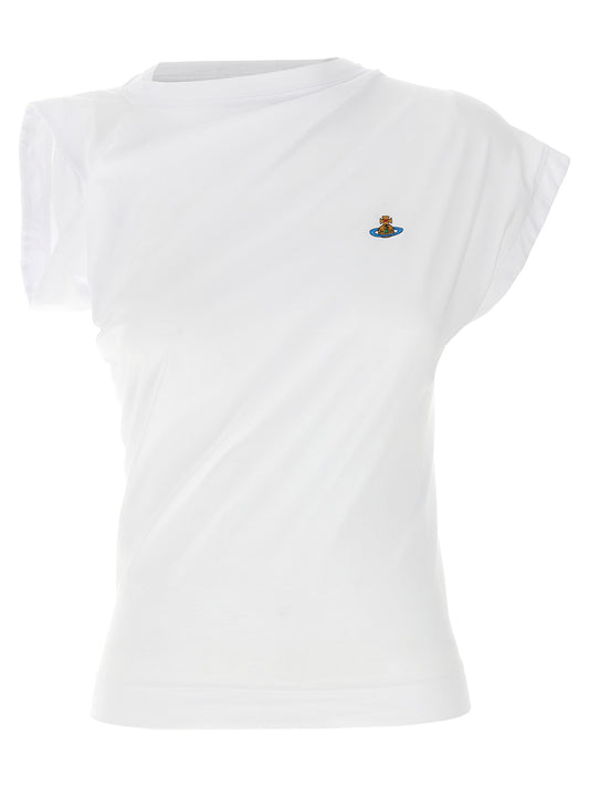 T-Shirt by Vivienne Westwood for women in cotton white & patterned showcases a fashionable silhouette, elegantly detailed with a fashionable short-sleeve and asymmetric neckline for a sophisticated, high-fashion look.