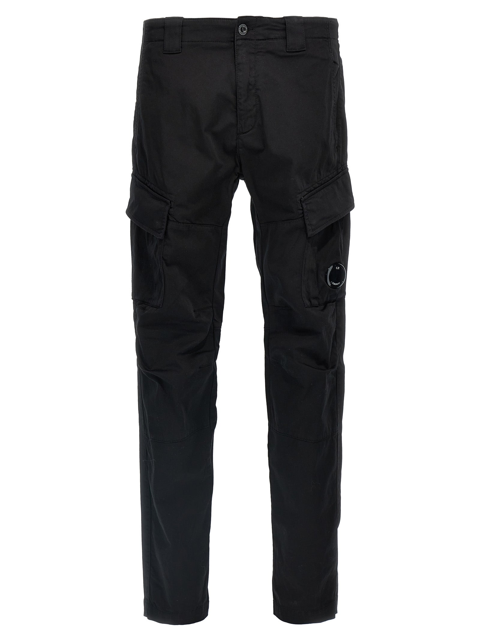 Cargo Pants by C.P. Company for men in stretch cotton black & signature features an urban chic straight-leg with a and long, creating a urban chic aesthetic for "Moon Behind the Hill".