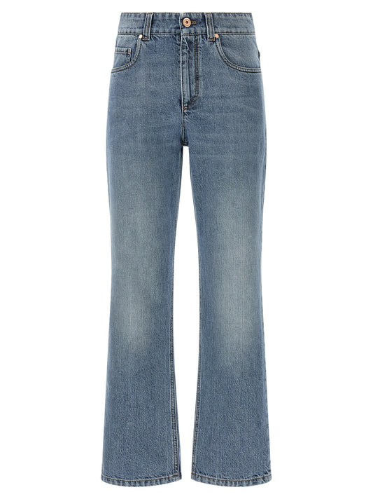 Jeans by Brunello Cucinelli for women in stretch cotton denim & leather blue, brown & copper presents a refined pantology silhouette, artfully defined by a refined pantology straight-leg, relaxed-fit & cropped, cropped, and a sophisticated .
