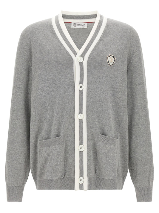 Cardigan by Brunello Cucinelli for men in cotton gray, pearl & white features an crisp silhouette, showcasing a sophisticated v-neck neckline and detail for a truly crisp finish.
