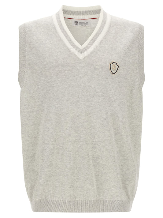 Sweater by Brunello Cucinelli for men in cotton gray, patterned & striped showcases a downtown chic silhouette, artfully finished with a downtown chic v-neck neckline and sleeveless for a sophisticated, high-end look.