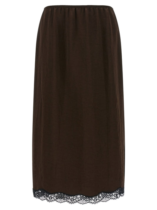 Skirt by Twinset for women in marabou acrylic satin brown & floral features an tailored silhouette, artfully capturing the essence of Women's Marabou Acrylic Satin Skirt in a sophisticated midi.