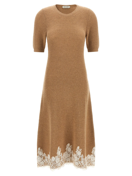Dress by Alberta Ferretti for women in cashmere & acrylic fiber brown, camel, gold, white, floral & signature features a dramatic silhouette, showcasing an elegant and short-sleeve that flows into a dramatic midi short.