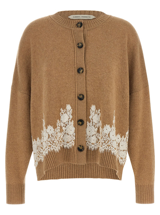 Cardigan by Alberta Ferretti for women in cashmere acrylic fiber & leather brown, camel, horn, natural & white features an impeccable silhouette, showcasing a sophisticated and detail for a truly impeccable finish.