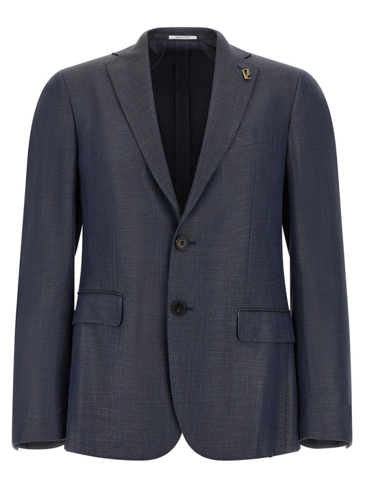 Blazer by Pal Zileri for men in viscose gold & navy presents a distinguished silhouette, detailed with a distinguished lapel neckline and distinctive for a truly sophisticated finish.