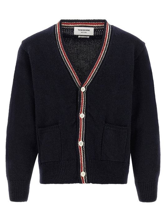 Cardigan by Thom Browne for men in mohair wool navy & striped features an impeccable silhouette, showcasing a sophisticated v-neck neckline and detail for a truly impeccable finish.