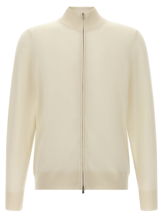 Cardigan by Hugo Boss for men in virgin wool white features a nuanced silhouette with a refined high-neck neckline and nuanced detailing for a sophisticated look.