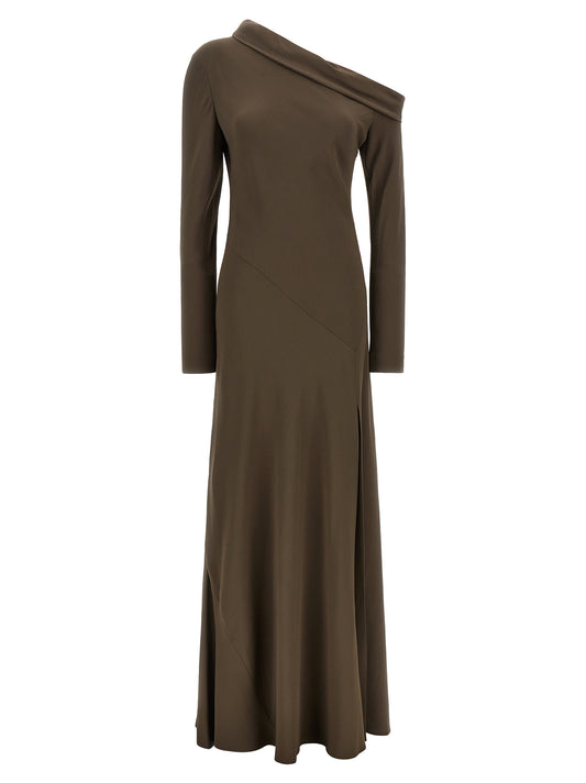 Dress by Alberta Ferretti for women in viscose brown presents a sinuous silhouette, showcasing a sophisticated split neckline and detailed with a sinuous long for a refined finish.