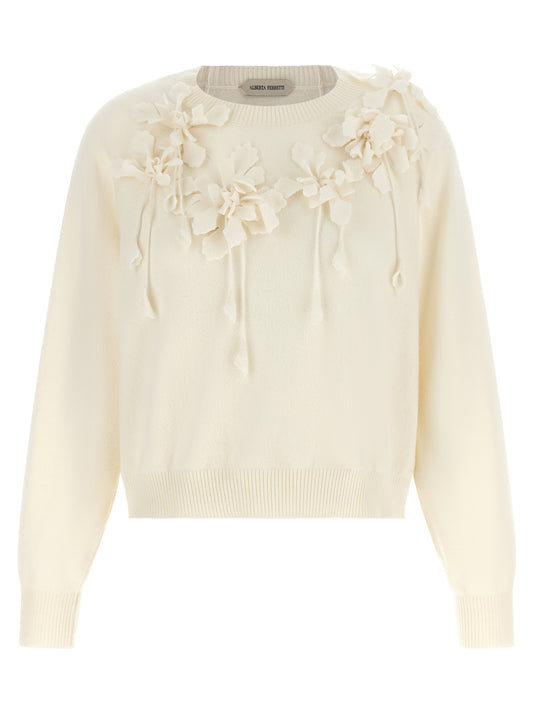 Cardigan by Alberta Ferretti for women in virgin wool white & floral showcases a captivating silhouette, artfully detailed with a captivating and for a truly sophisticated captivating look.