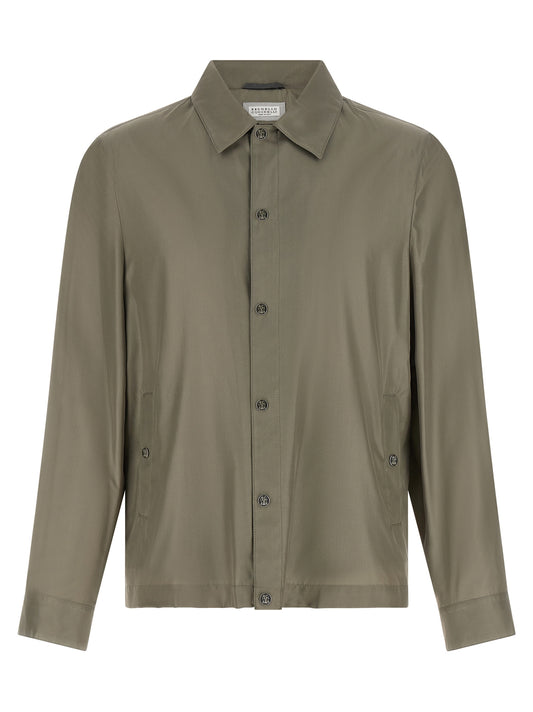 Overcoat by Brunello Cucinelli for men in polyurethane & silk bicolour & green features an voluminous silhouette, showcasing distinct pockets and a voluminous for a truly voluminous aesthetic.