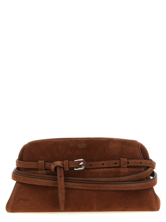 Shoulder Clutch Handbag by Moschino for women in suede calfskin leather brown & silver showcases a sculptural silhouette, featuring a secure zipper & buckle, ample , and versatile shoulder-strap & adjustable-strap for a sculptural finish.