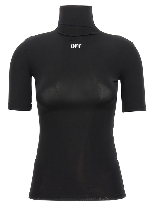 Activewear T-Shirt by Off-White for women in stretch fabric & acetate black, white & signature features an ergonomic design with , highlighting a ergonomic length and ergonomic turtle neckline for a high-performance look.