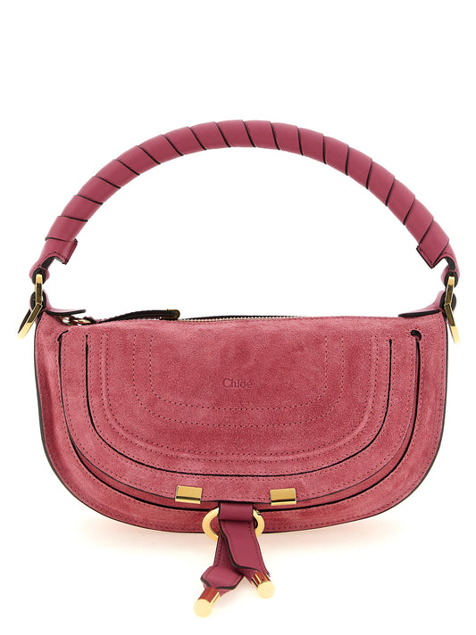 Shoulder Saddle Hobo Bag by Chloé for women in suede calfskin leather fuchsia, gold, multicolor & pink showcases a enviable silhouette, artfully detailed with a secure flap, organized , and versatile shoulder-strap, handle & adjustable-strap for a enviable look.