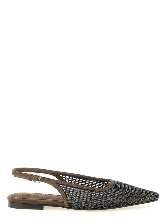 Ballet Slingback Flat Shoes by Brunello Cucinelli for women in suede calfskin leather brown showcases a enchanting silhouette as part of the Monile Women's Suede Calfskin Leather Ballet Slingback Flat Shoes collection, defined by a enchanting and for a enchanting look.