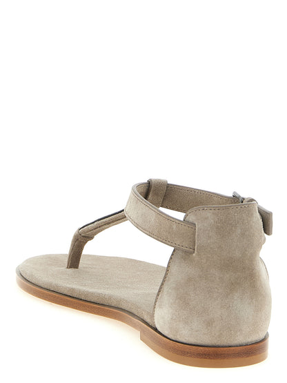 Flat Ankle Strap T-Strap Sandals by Brunello Cucinelli for women in suede calfskin leather beige, gray & signature features an effortlessly chic silhouette from the Monile Women's Suede Calfskin Leather Flat Ankle Strap T-Strap Sandals collection, showcasing a effortlessly chic flat and elegant .