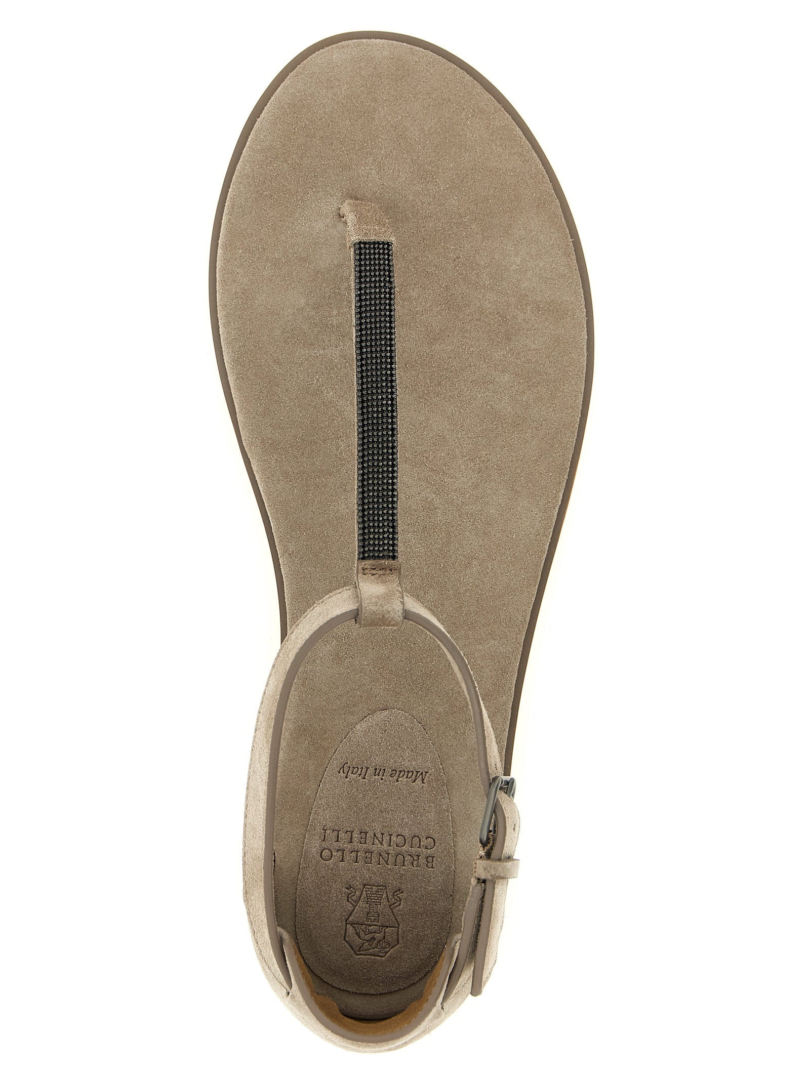 Flat Ankle Strap T-Strap Sandals by Brunello Cucinelli for women in suede calfskin leather and beige, gray & signature presents a captivating silhouette, showcasing the signature style of the Monile Women's Suede Calfskin Leather Flat Ankle Strap T-Strap Sandals with a captivating flat and captivating .