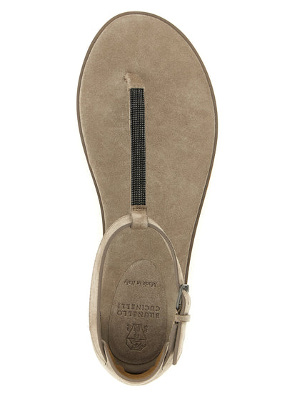 Flat Ankle Strap T-Strap Sandals by Brunello Cucinelli for women in suede calfskin leather and beige, gray & signature presents a captivating silhouette, showcasing the signature style of the Monile Women's Suede Calfskin Leather Flat Ankle Strap T-Strap Sandals with a captivating flat and captivating .