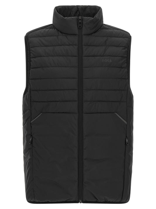 Vest by Hugo Boss for men in polyester black features a chic silhouette, expertly detailed with a refined high-neck neckline and premium pockets for a truly chic look.