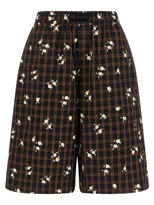 Bermuda Shorts by Ganni for women in organic cotton black, brown, white, patterned & floral features an tailored silhouette, showcasing a tailored wide with a short and for a sophisticated look.