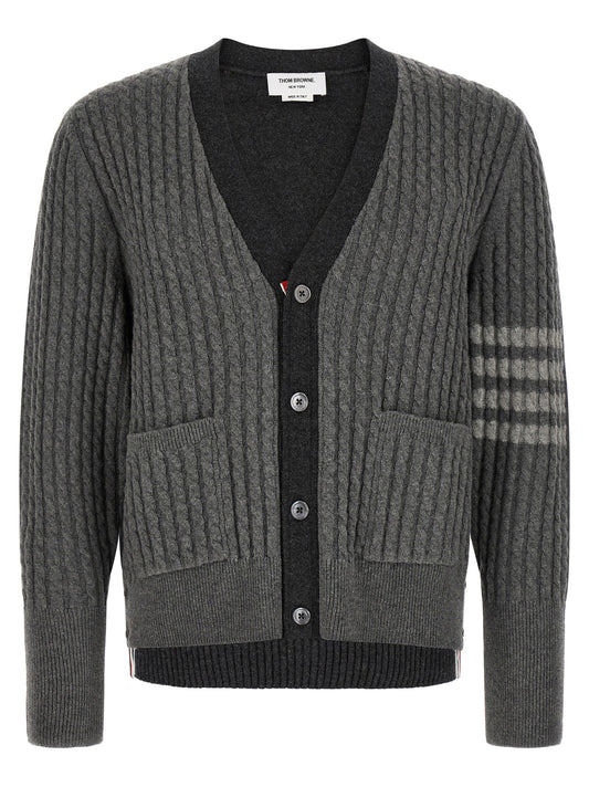 Cardigan by Thom Browne for men in virgin wool gray & signature features a nuanced silhouette with a refined v-neck neckline and nuanced detailing for a sophisticated look.